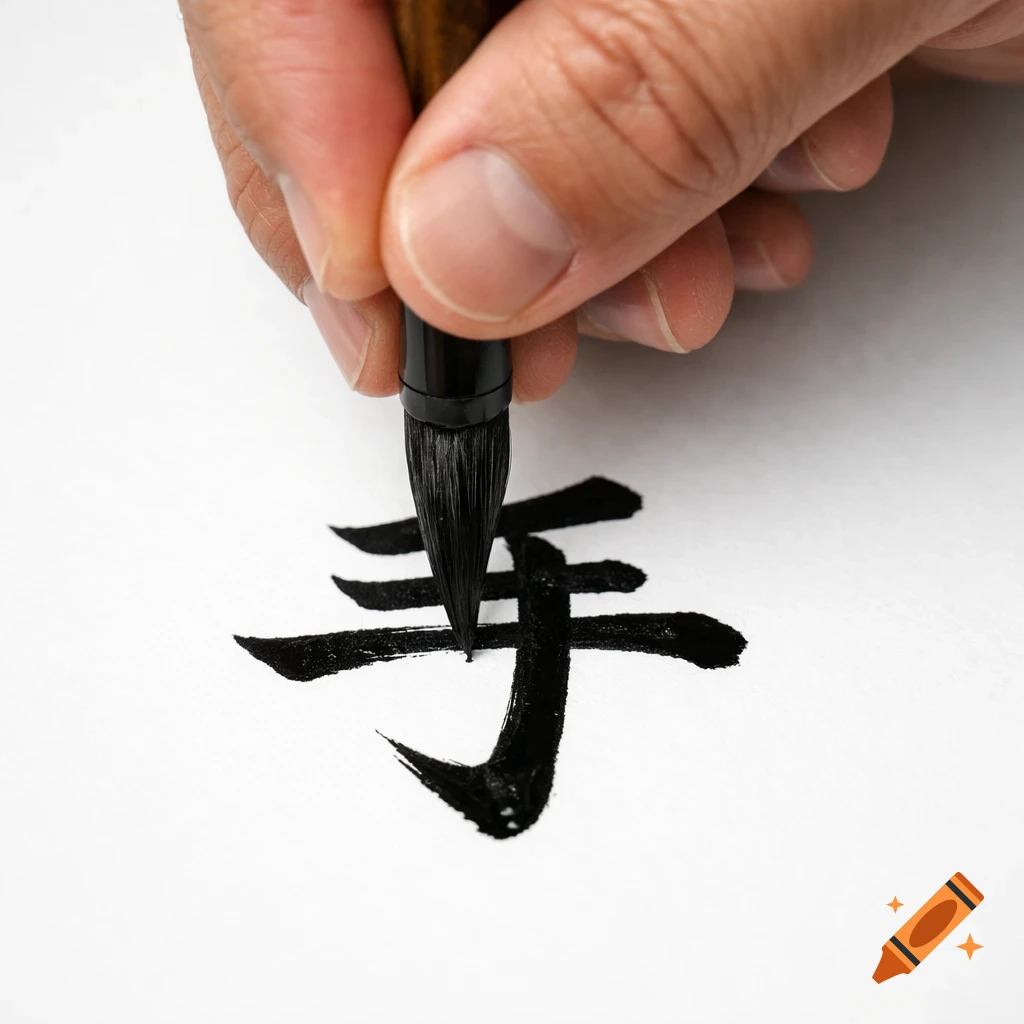 Close-up of a hand holding a calligraphy brush, writing the Japanese kanji for "hand" on white paper.