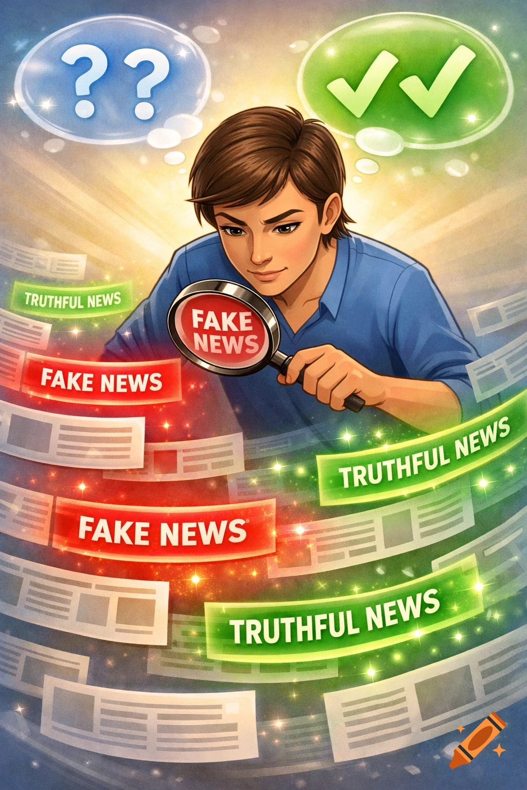 Digital illustration of a person using a magnifying glass to distinguish red 'FAKE NEWS' from green 'TRUTHFUL NEWS' headlines.