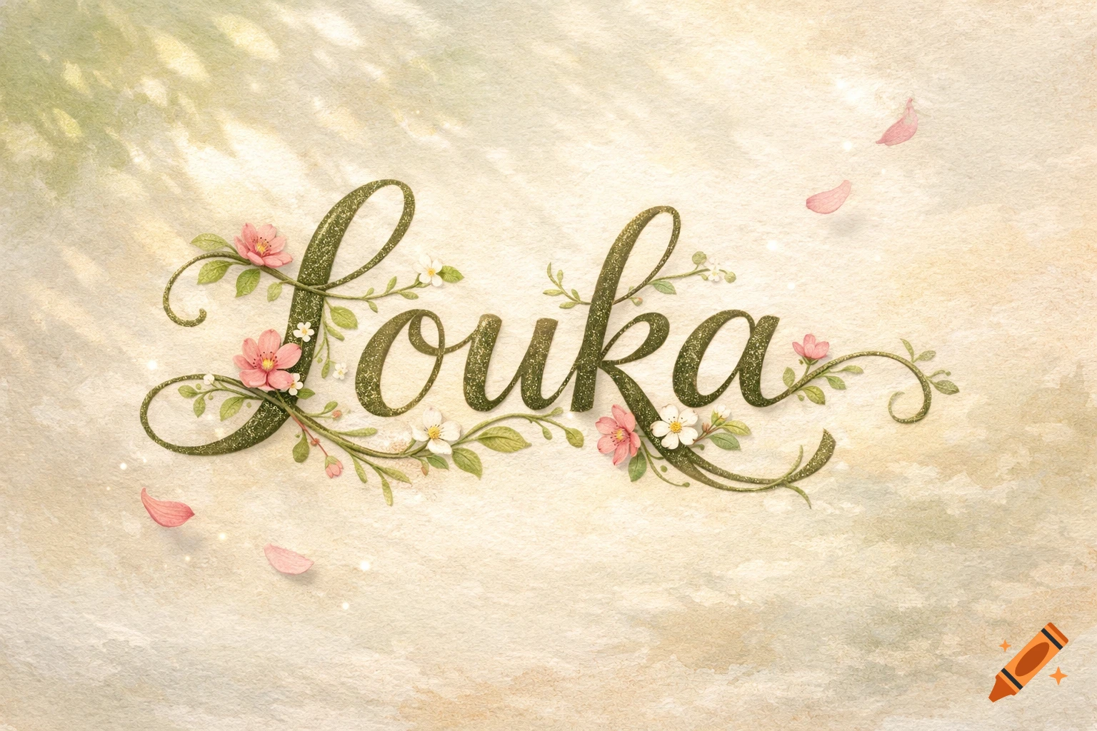 Decorative, glittery green 'Louka' in floral script with pink and white flowers on a light, textured background and falling petals.