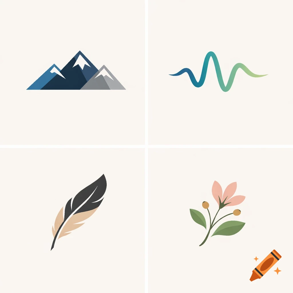 Four minimalist icons on a light background, featuring mountains, a wavy line, a feather, and a flower.