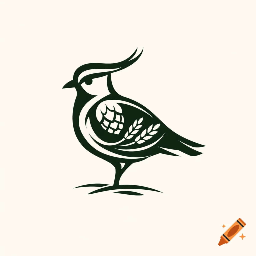 Stylized dark green logo of a crested bird with a hop cone and wheat stalks on its body, on a light background.