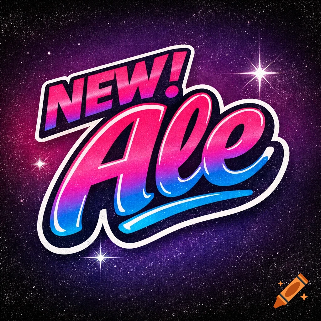 A vibrant 80s retro-style logo for "NEW! Ale" in a pink and blue gradient, with a bold white outline, set against a starry purple background.