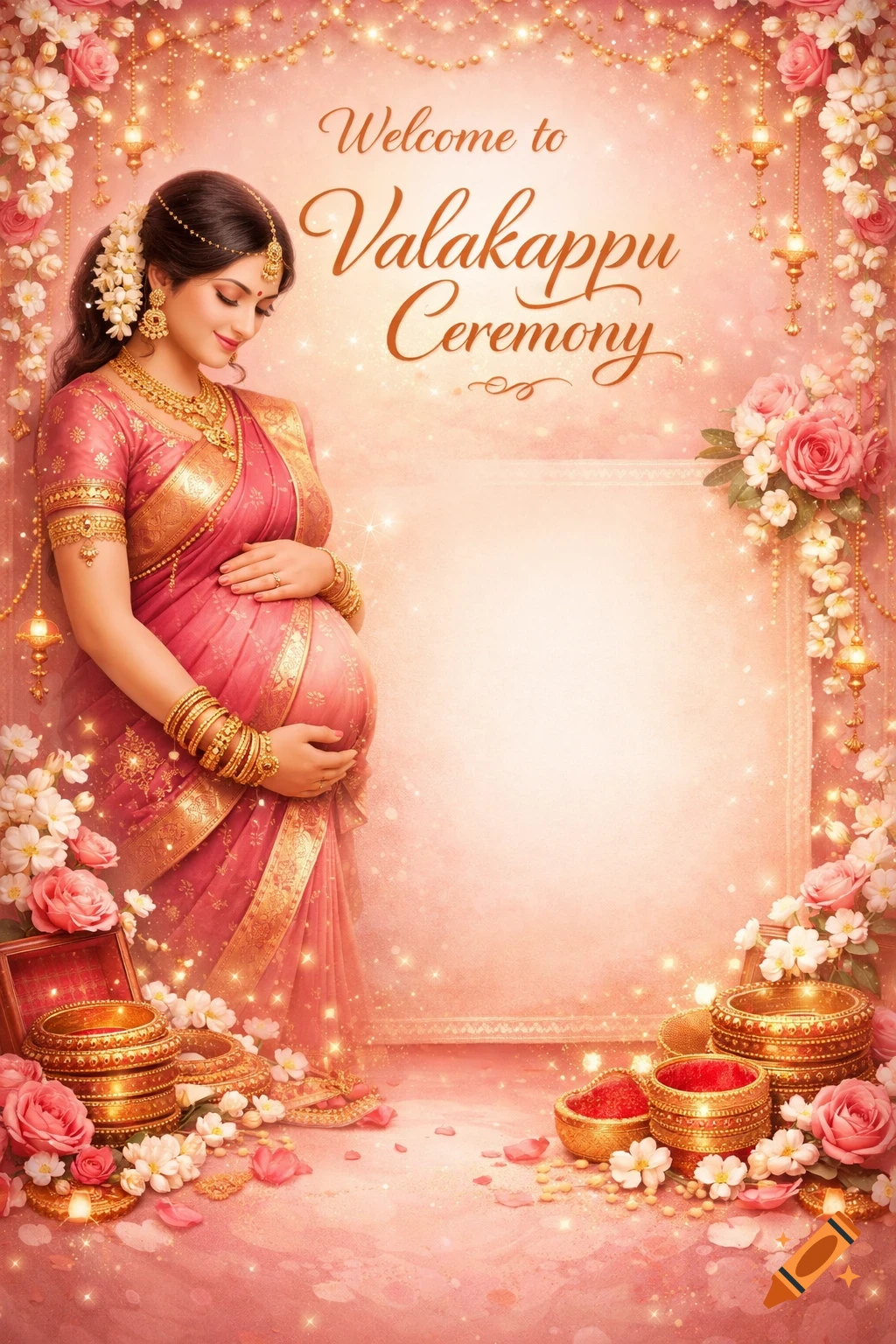 Pregnant woman in a pink traditional Indian saree with gold jewelry, surrounded by flowers and bangles, holding her belly, against a sparkling pink background with 'Welcome to Valakappu Ceremony' text.