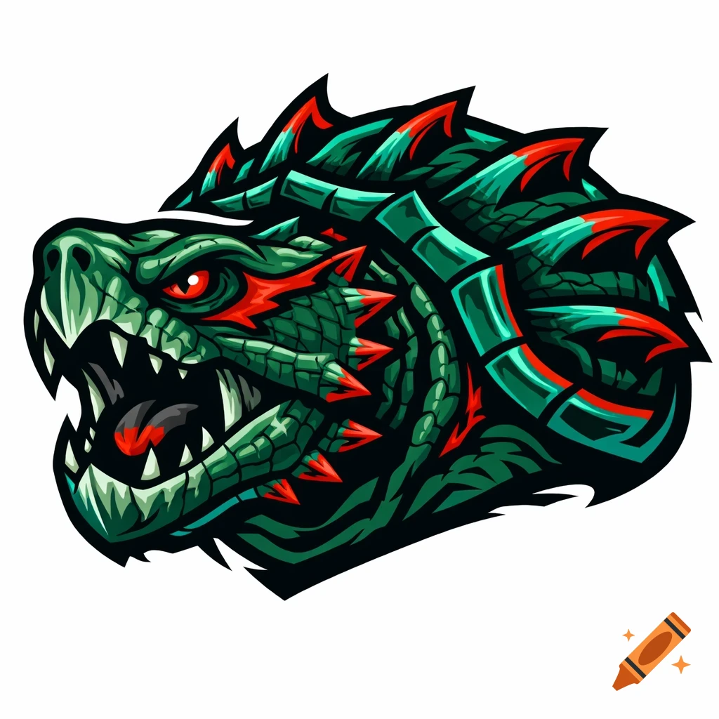 An aggressive stylized alligator snapping turtle head logo in dark green, teal, and red colors.