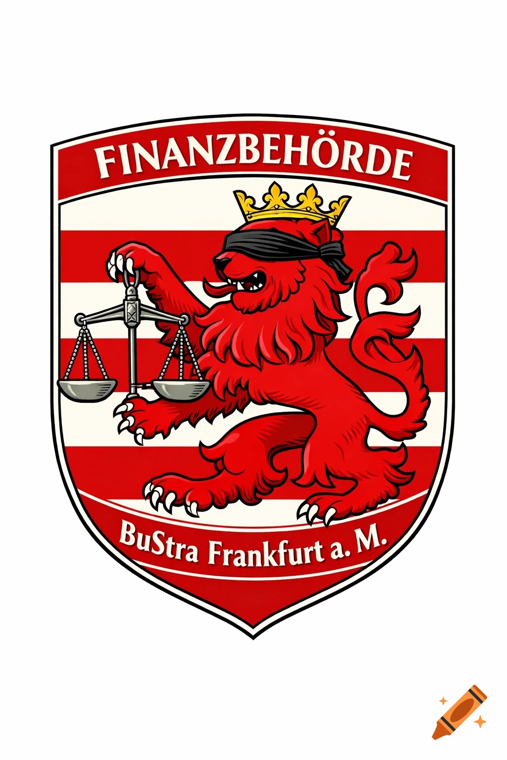 A heraldic emblem features a red, blindfolded lion holding scales on a red and white striped shield with text "FINANZBEHÖRDE" and "BuStra Frankfurt a. M."