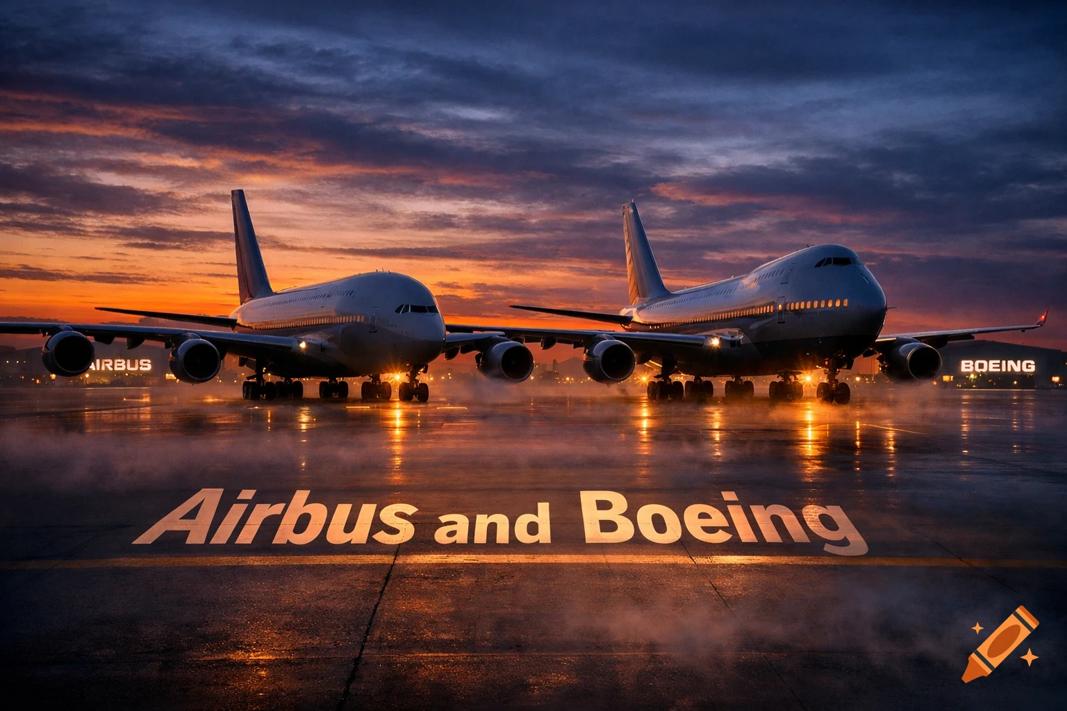 Two large airplanes, an Airbus and a Boeing, on a wet tarmac at sunset with 'Airbus and Boeing' text on the ground.