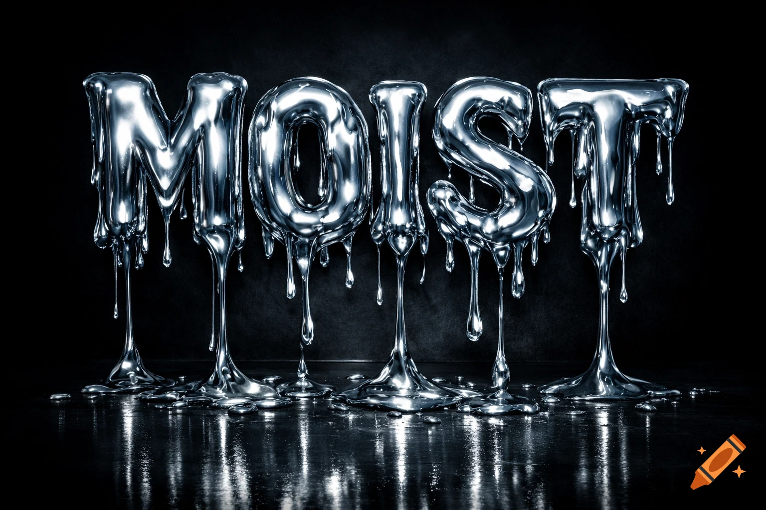The word MOIST rendered in melting silver metal, dripping onto a reflective black surface in a 3D style.