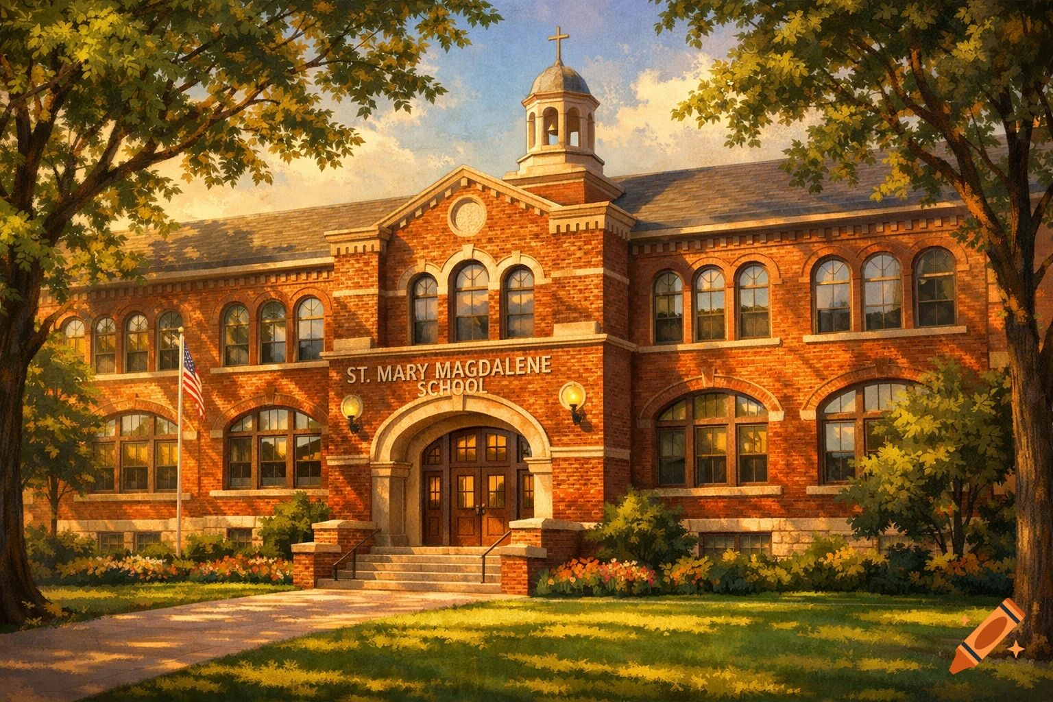 An oil painting of a traditional brick school building with a bell tower and cross, framed by green trees, under a blue and orange sky.