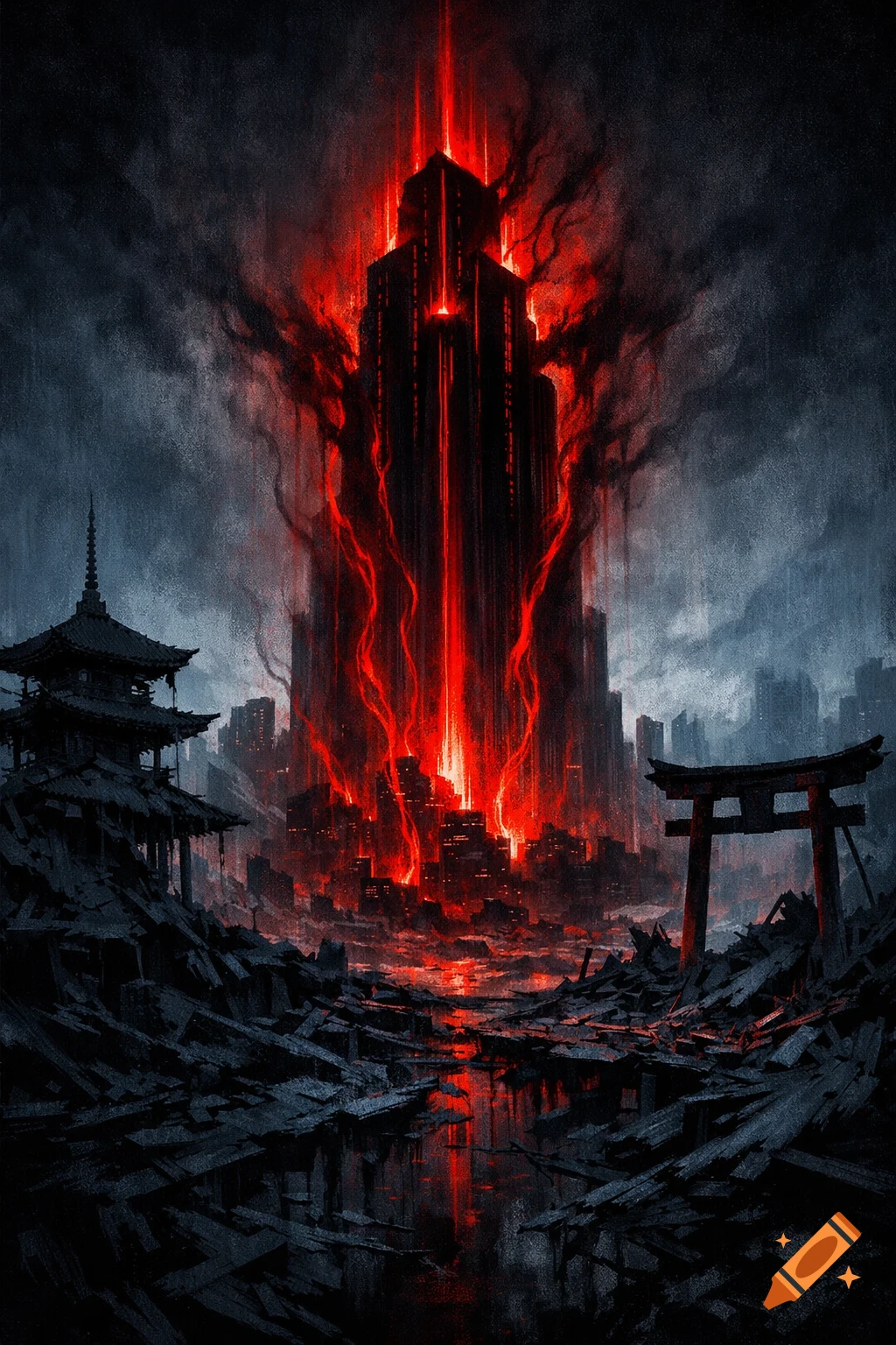 A dark, apocalyptic cityscape with a central building emitting red light, flanked by a pagoda and torii gate amidst rubble.