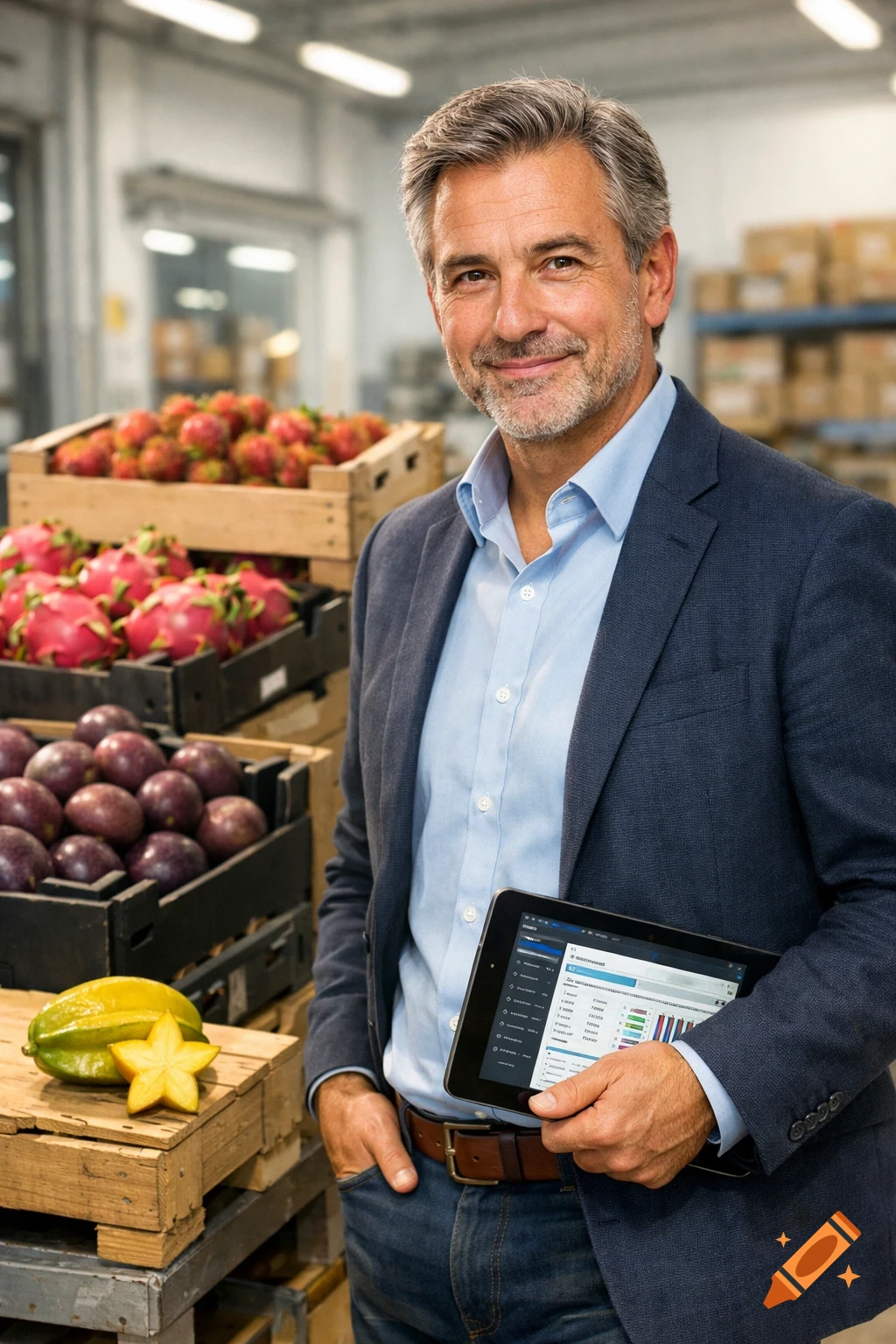 A smiling man in a suit jacket holds a tablet among crates of exotic fruits in a warehouse.