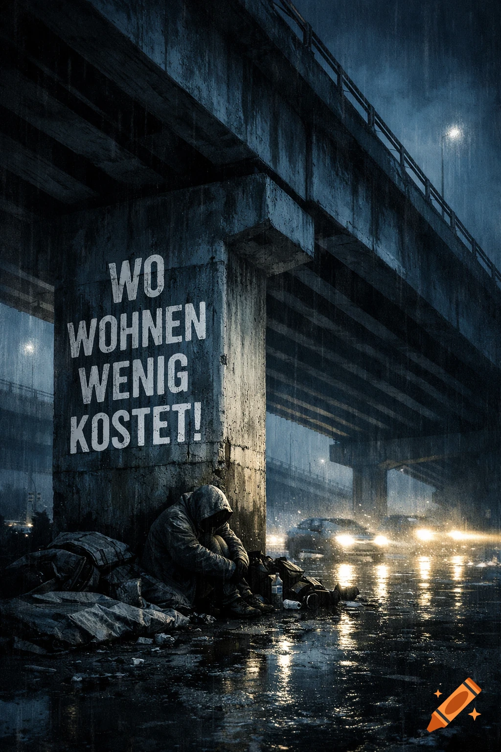 Photorealistic image of a hooded homeless person sitting under a concrete bridge in the rain, with text 'WO WOHNEN WENIG KOSTET!'.