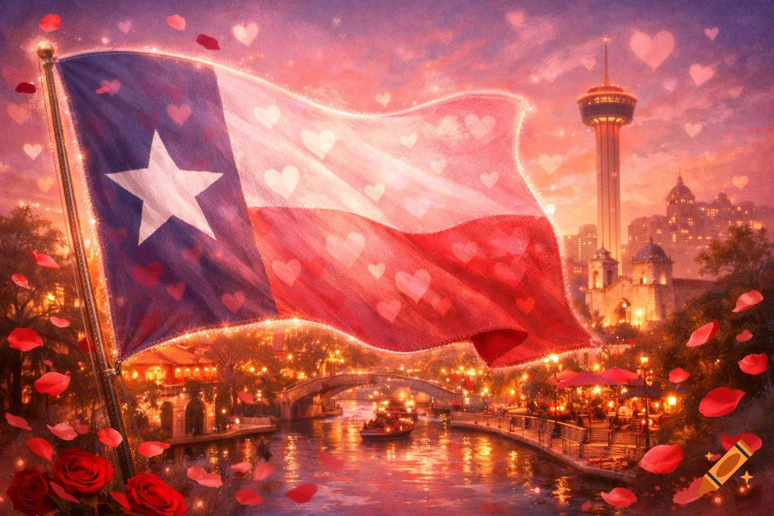 A romantic, stylized Texas flag waves above the glowing San Antonio Riverwalk and city skyline at sunset, surrounded by hearts and rose petals.