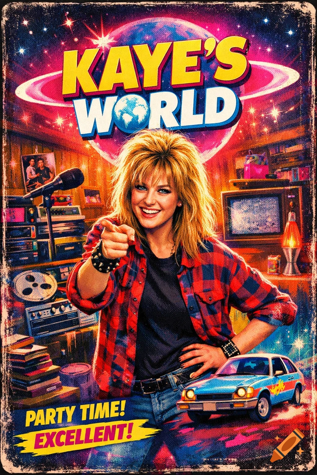 Retro movie poster for 'Kaye's World' showing a smiling woman in a plaid shirt, pointing, surrounded by 80s items and a car, set against a starry sky.