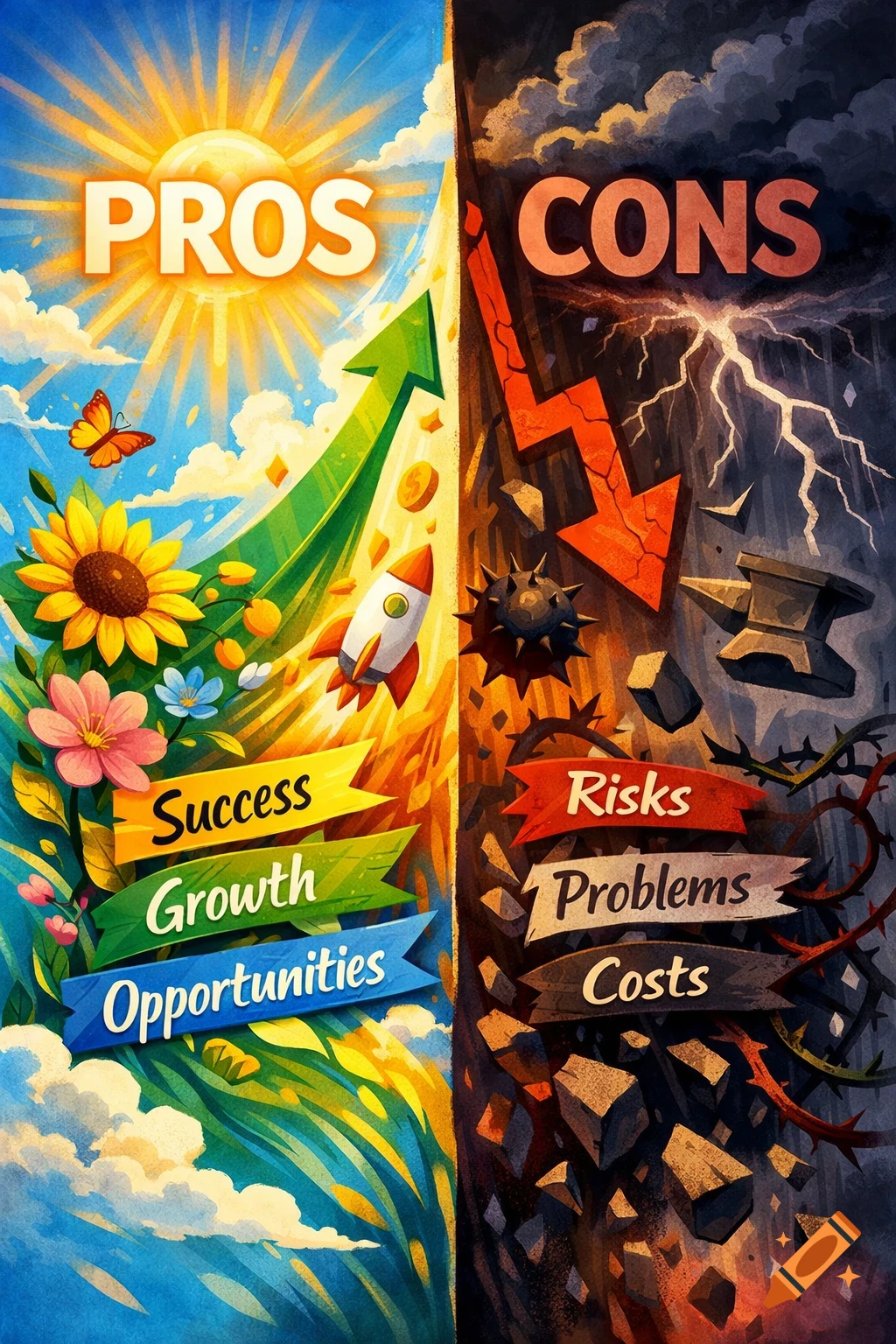Colorful split poster illustrating 'Pros' with sun, growth, and opportunities, and 'Cons' with storm, risks, and problems.