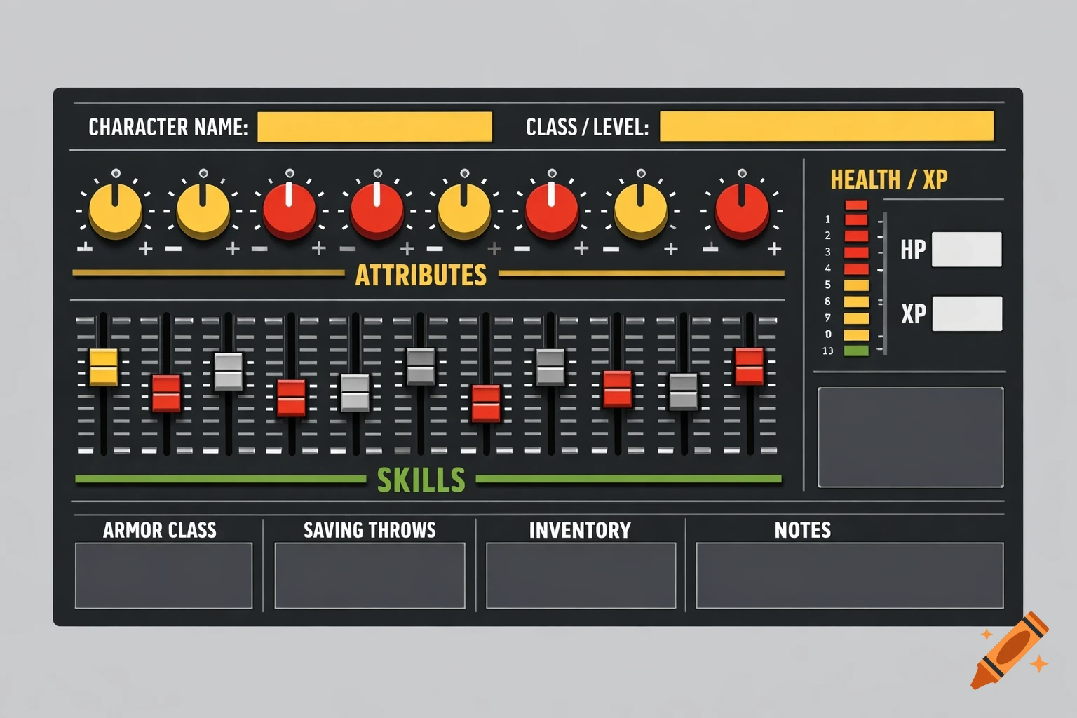 Top-down view of a flat black UI template for an RPG character sheet, styled like a mixing console with yellow and red knobs, sliders, and text fields.