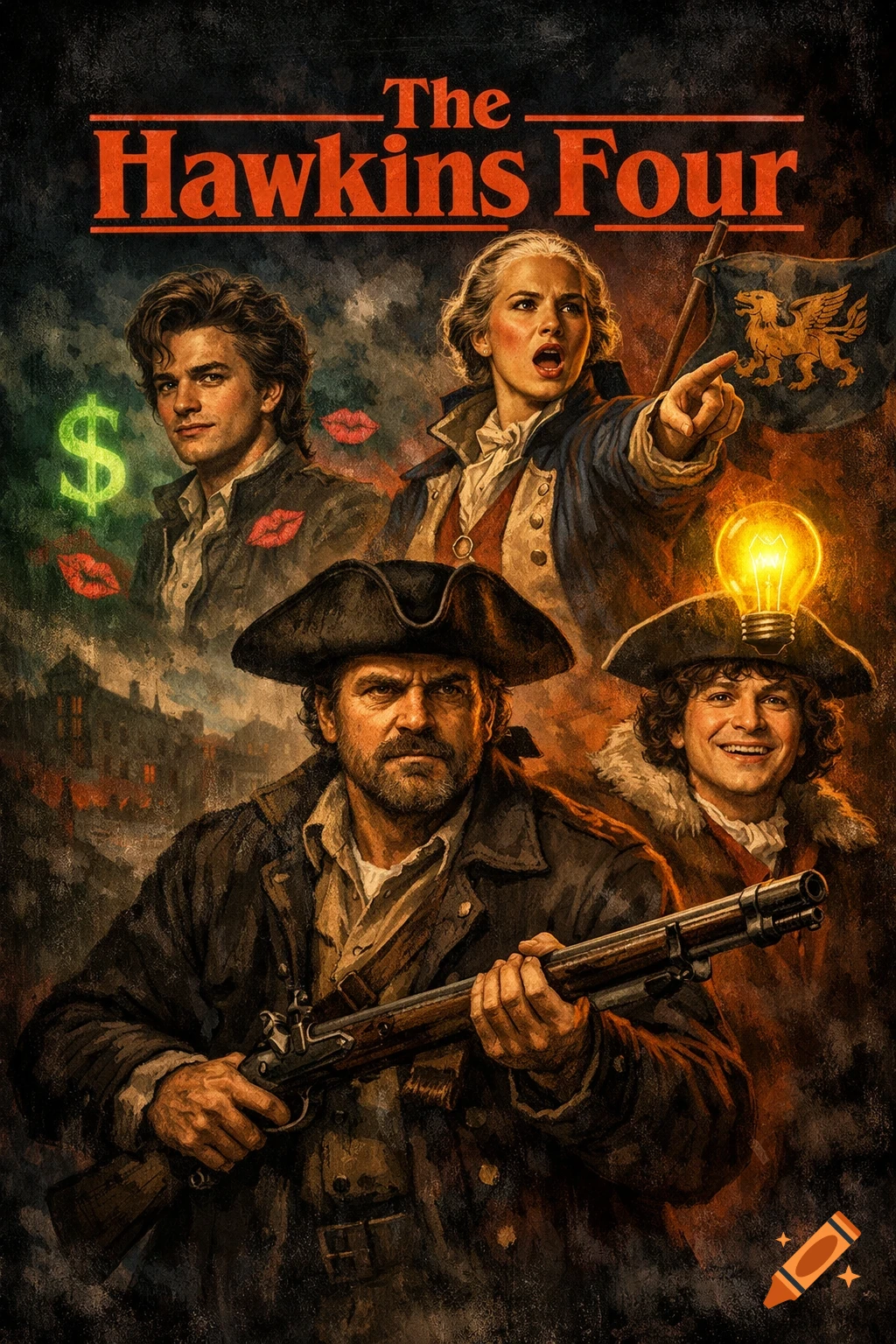 A dark, painterly poster titled 'The Hawkins Four' depicting four characters resembling Stranger Things cast in 18th-century attire.