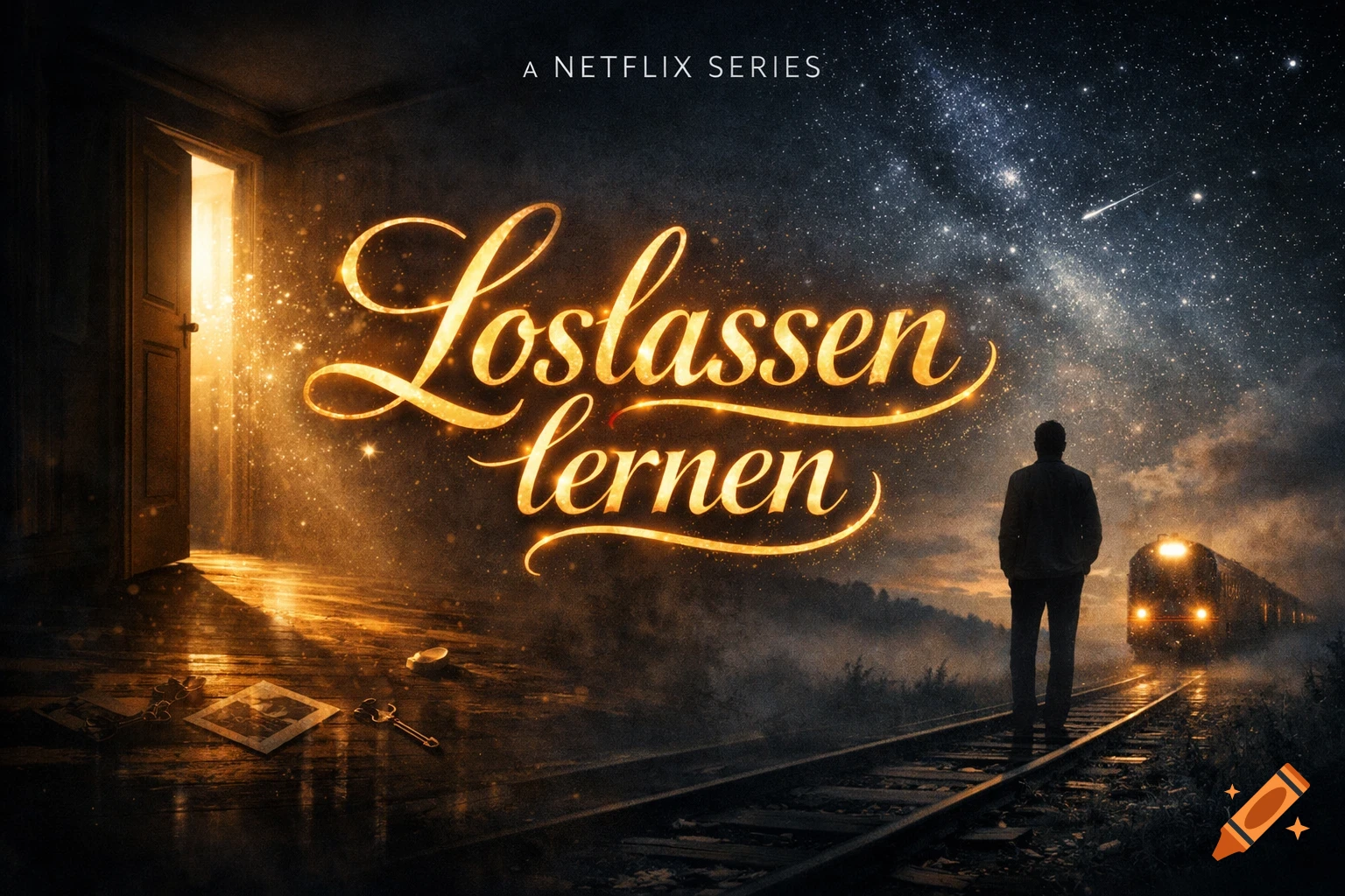 Cinematic art of a man on train tracks under a starry sky, looking at a train, with a glowing doorway and the text 'Loslassen lernen'.