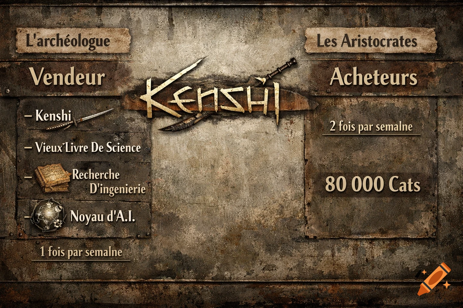 A rustic, metal-plated game user interface with titles 'Kenshi', 'L'archéologue', 'Vendeur', 'Les Aristocrates', and 'Acheteurs', listing items and weekly frequencies.