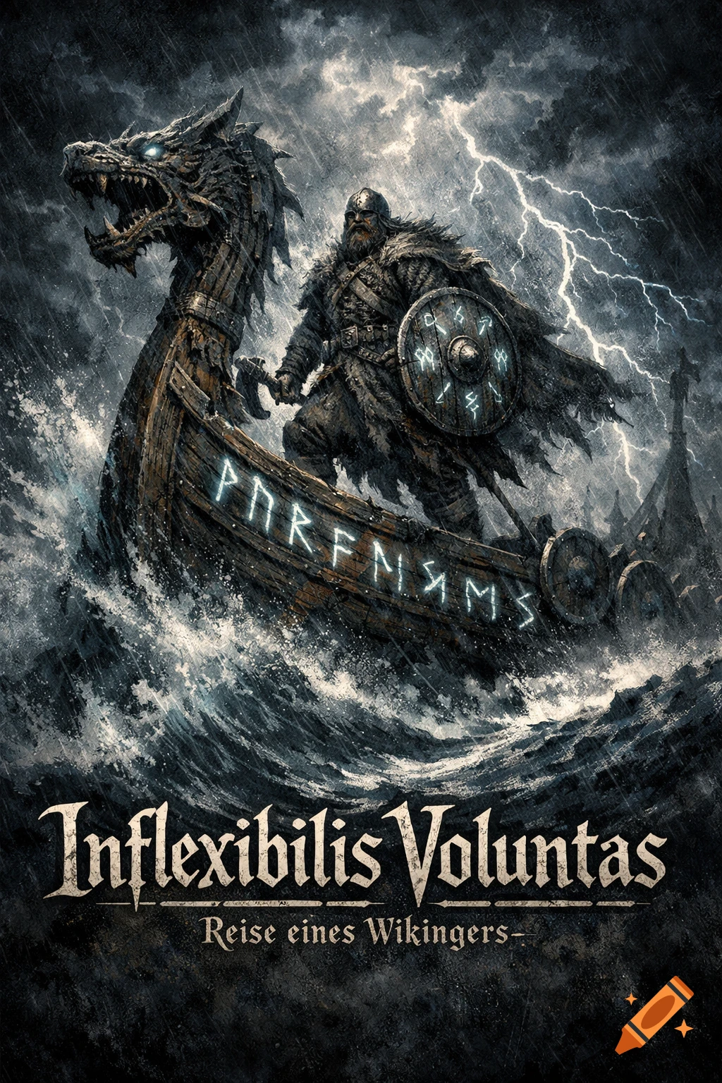 A stylized, dark and stormy image of a Viking standing on a dragon-headed longship amidst rough seas, with lightning in the sky. Text at the bottom reads "Inflexibilis Voluntas" and "Reise eines Wikingers".