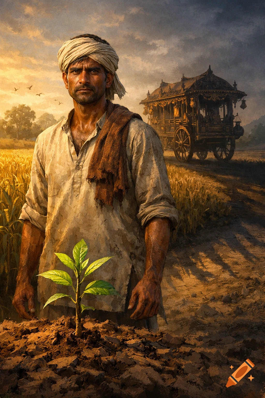 A determined farmer in a turban stands in a field at sunset, a small plant in the foreground, and an ornate cart in the background. Painting style.