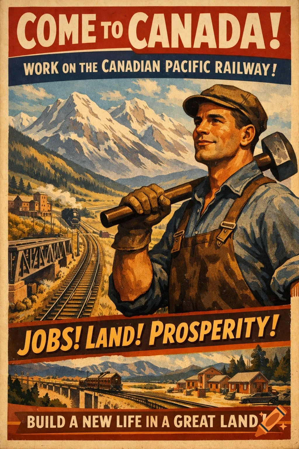 A vintage Canadian recruitment poster for the Pacific Railway, featuring a worker with a hammer, mountains, and trains.