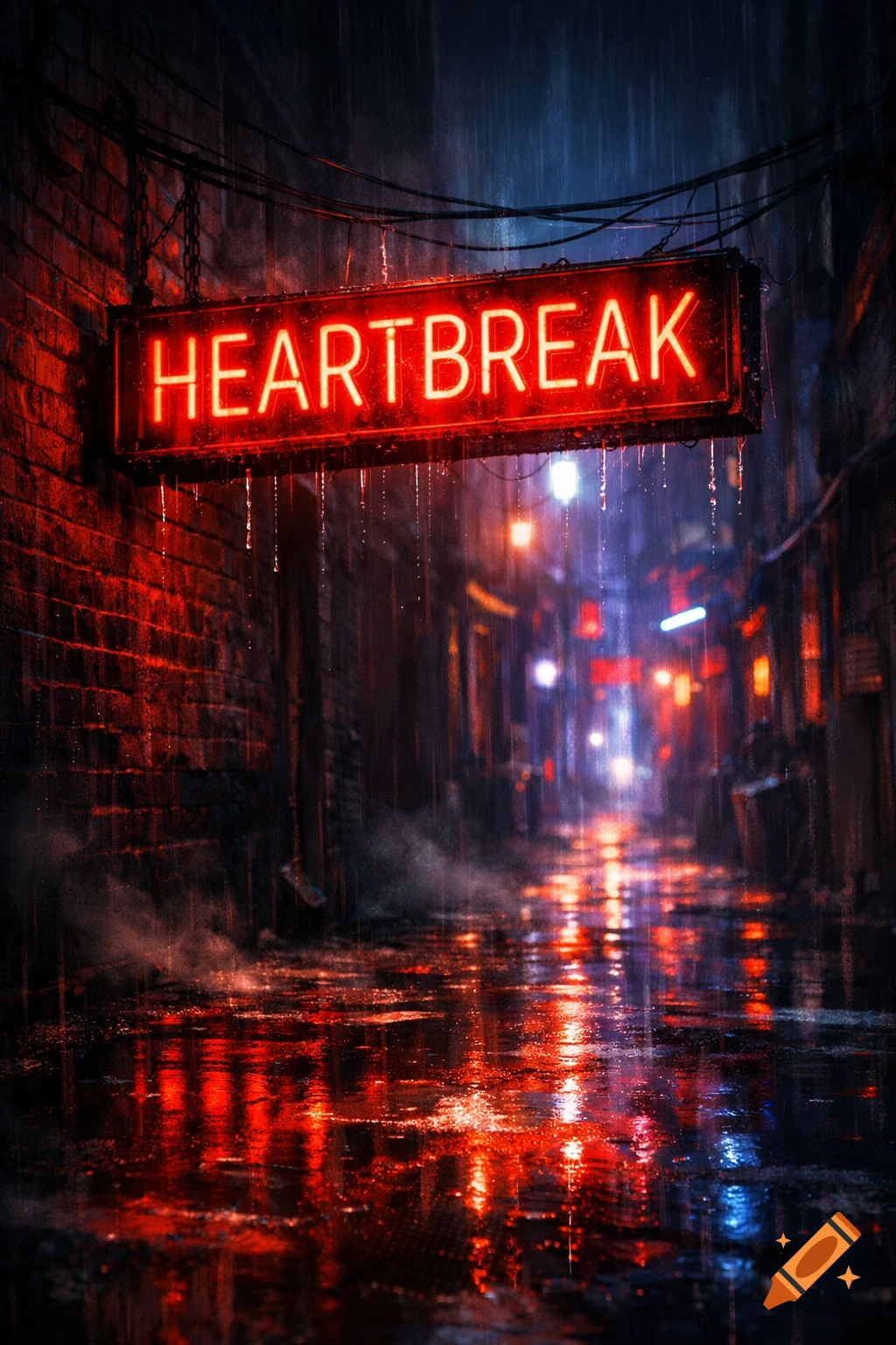Red neon sign spelling 'HEARTBREAK' illuminates a dark, rainy city alley with reflections on the wet ground.