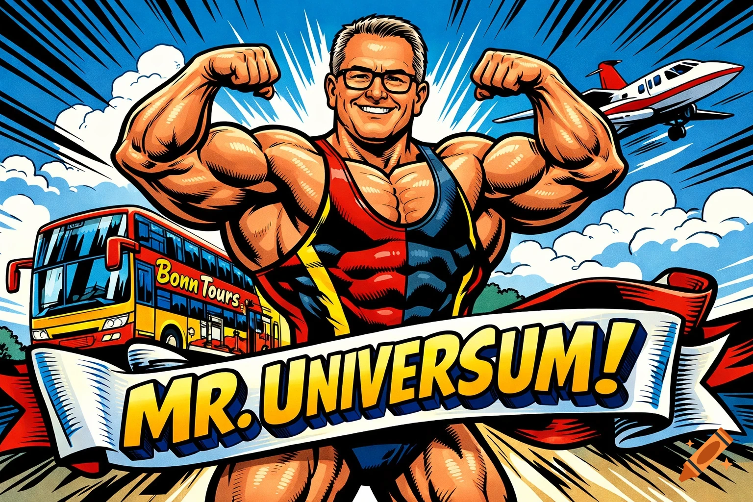 Comic art of a smiling, muscular bodybuilder flexing, with a 'MR. UNIVERSUM!' banner, a 'Bonn Tours' bus, and a sport plane in the background.