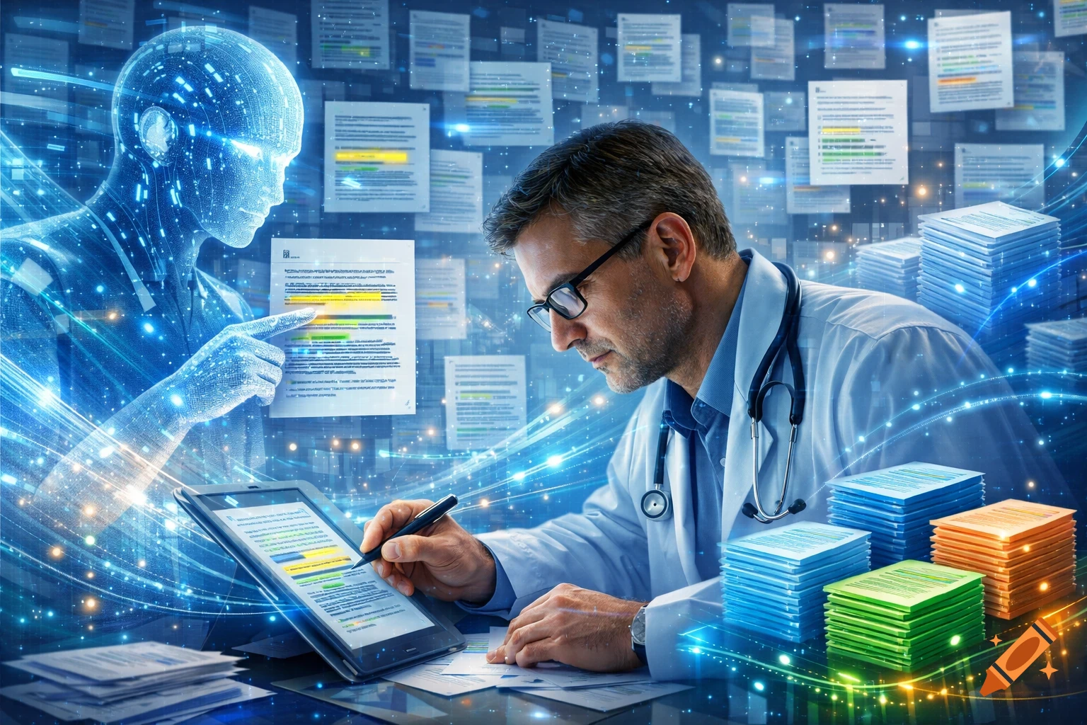 Doctor uses tablet, surrounded by glowing data and documents, assisted by a translucent blue AI figure. Photorealistic.