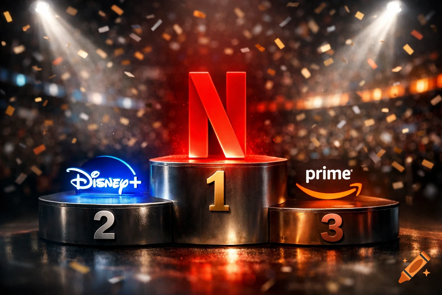A winner's podium with the Netflix 'N' and number 1, Disney+ on number 2, and Amazon Prime on number 3.