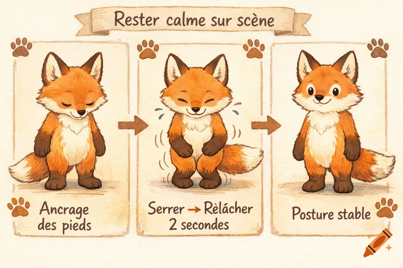 A three-panel educational infographic shows a cute cartoon fox demonstrating how to stay calm on stage.