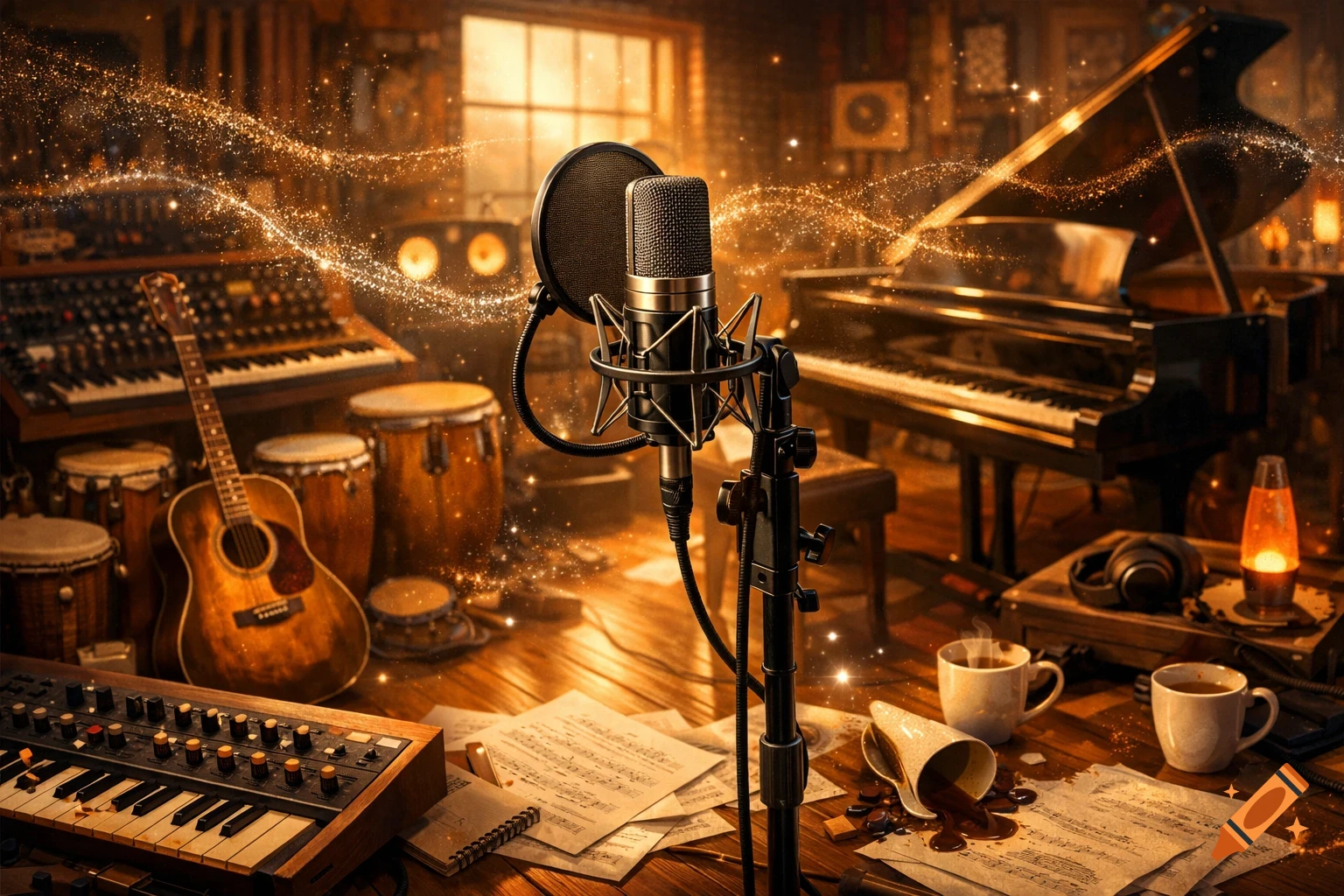 A photorealistic music studio with a central microphone, grand piano, guitar, drums, and synths, illuminated by magical glowing dust.