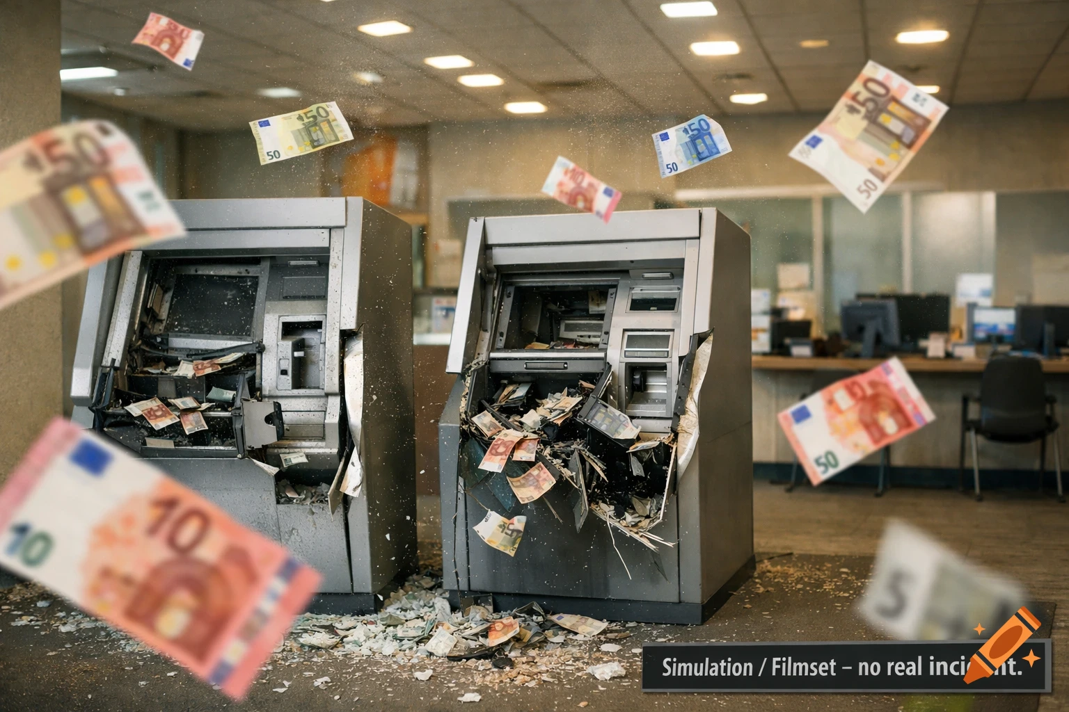 Two damaged ATMs in a bank with Euro banknotes flying and scattered debris on the floor, labeled as a simulation.