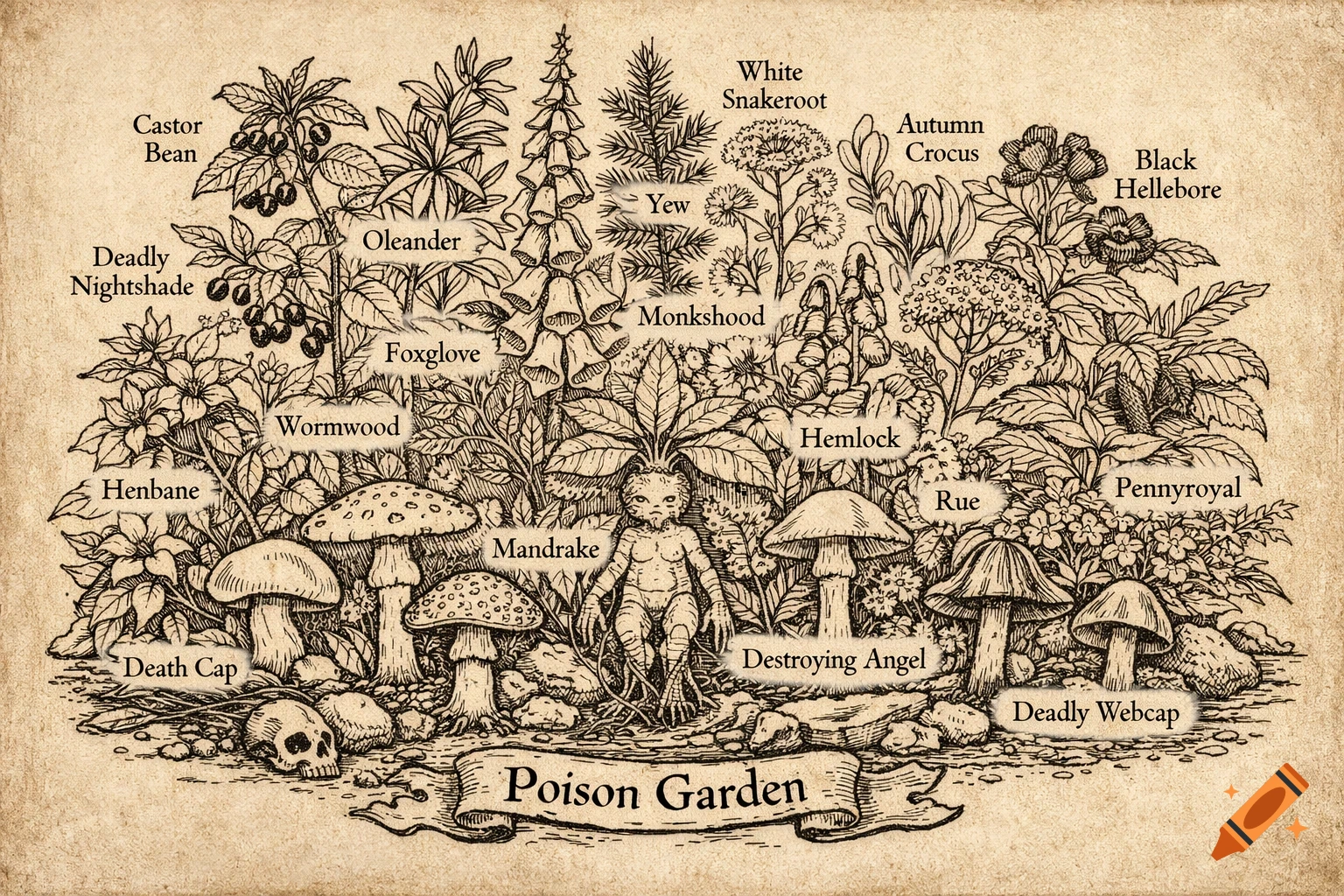 A vintage-style line art illustration of a "Poison Garden" featuring various poisonous plants, mushrooms, a mandrake, and a skull, all labeled.