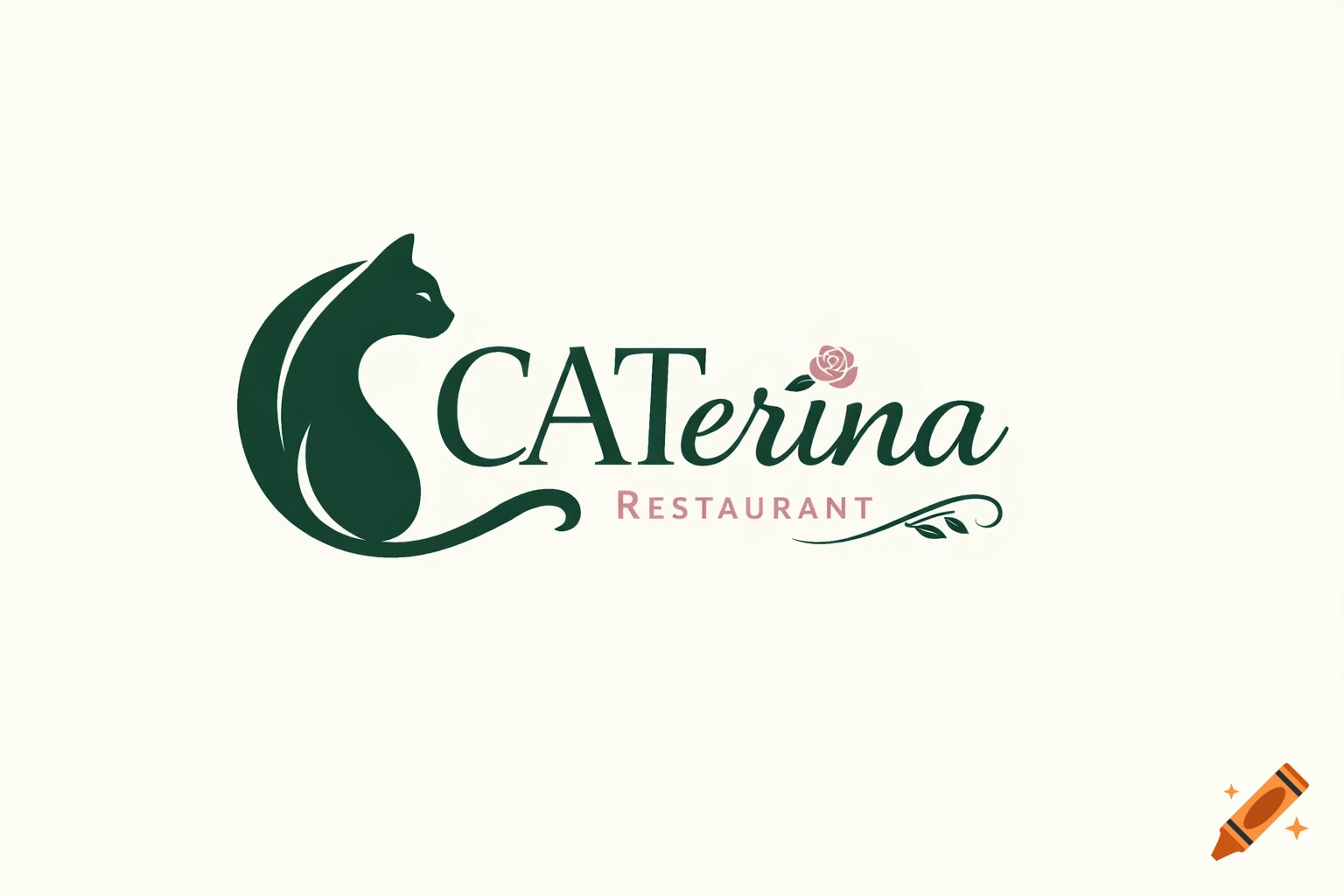 A dark green and soft pink logo for "CATerina Restaurant" with a cat silhouette integrated into the 'C' and a small rose.
