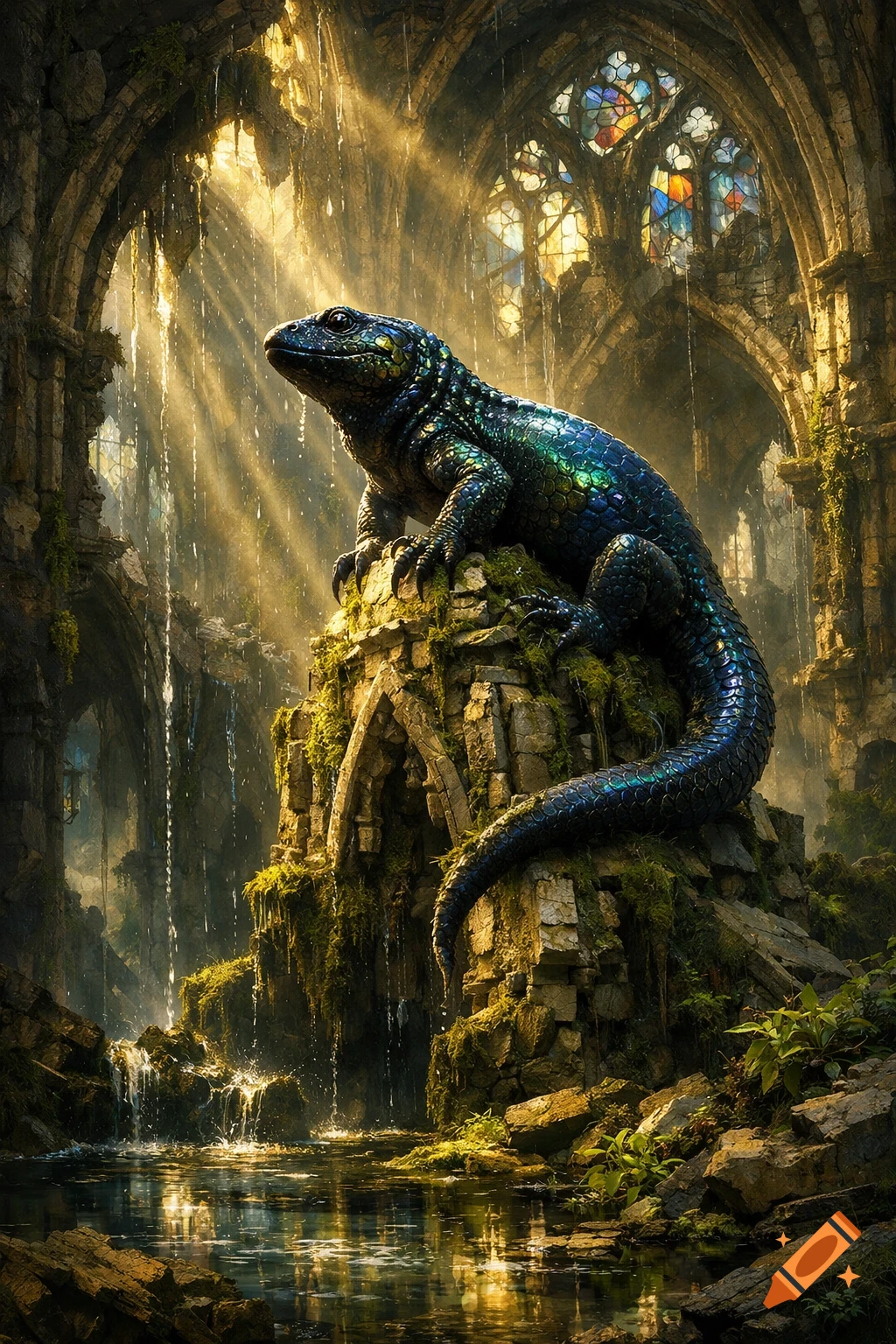 An iridescent blue-green lizard on moss-covered ancient ruins with sunbeams, stained glass, and waterfalls in a fantasy style.