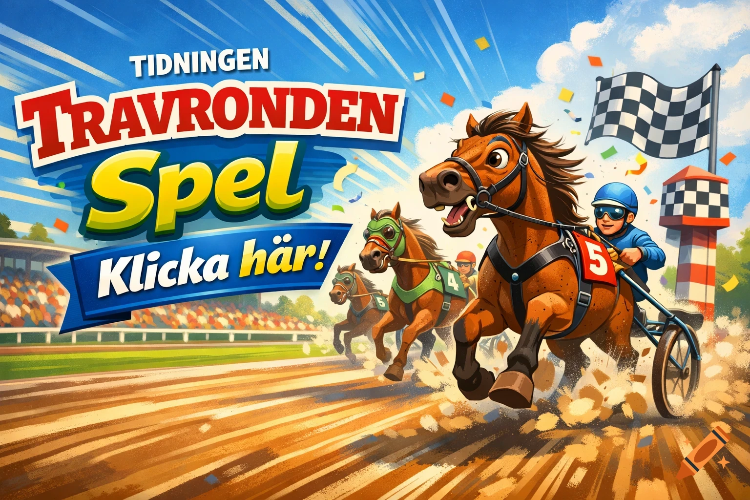 Vibrant cartoon illustration of a harness horse race with multiple horses and jockeys on a dirt track, a checkered flag, and text on a banner.