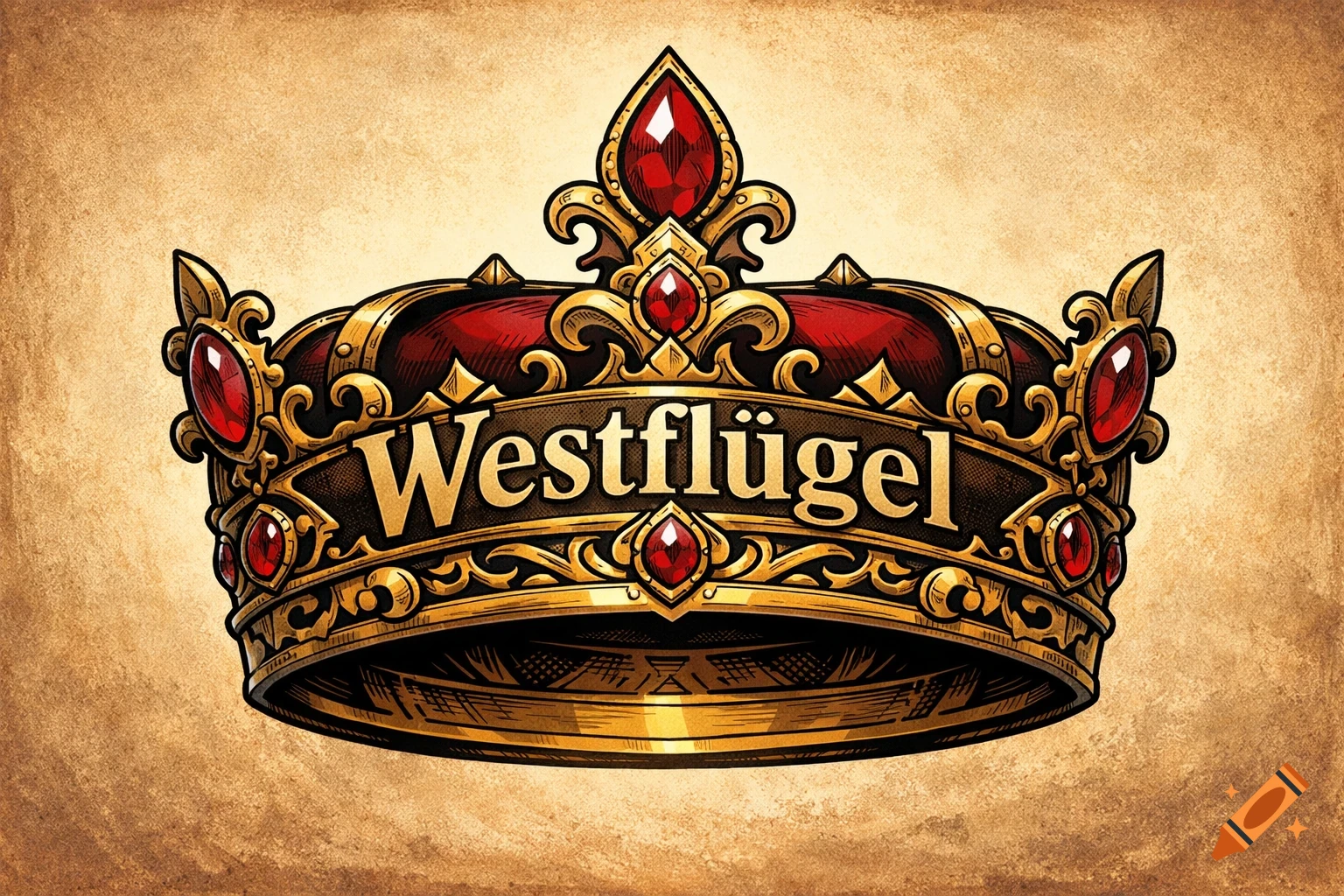 A comic-style golden crown adorned with red jewels, featuring the word "Westflügel" on a central banner, set against a textured parchment background.