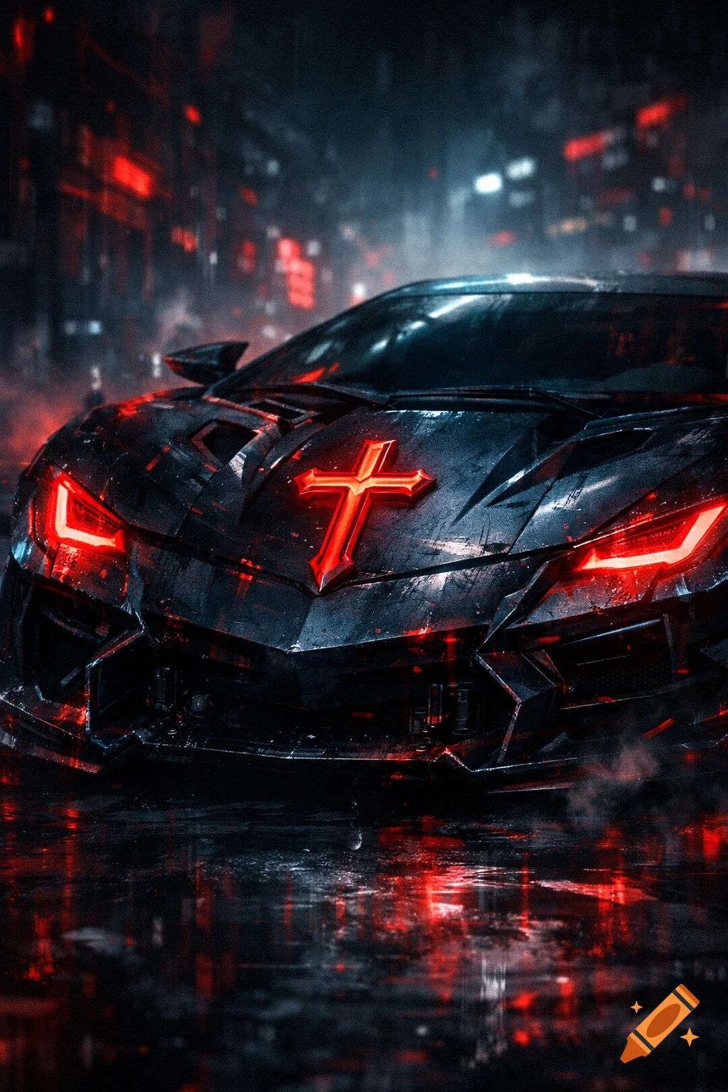 A stylized, dark and red futuristic car with glowing headlights and a prominent red Christian cross emblem on its hood, set in a rainy, neon-lit city at night.
