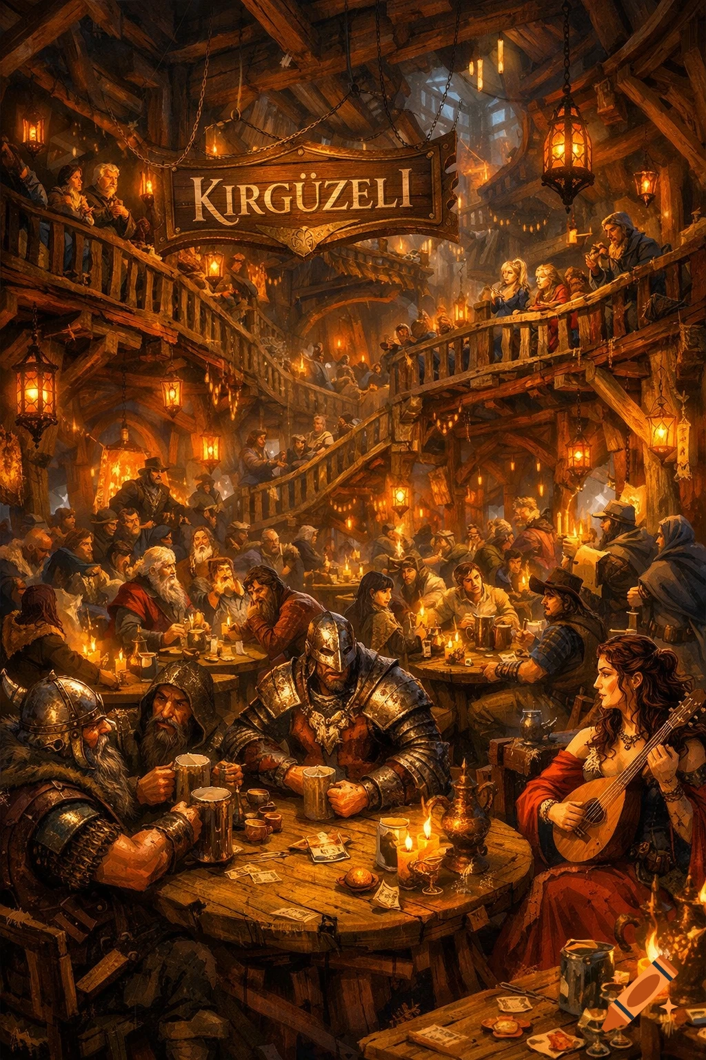 A crowded, multi-level fantasy tavern, warmly lit by lanterns and candles, filled with diverse patrons and a musician playing.