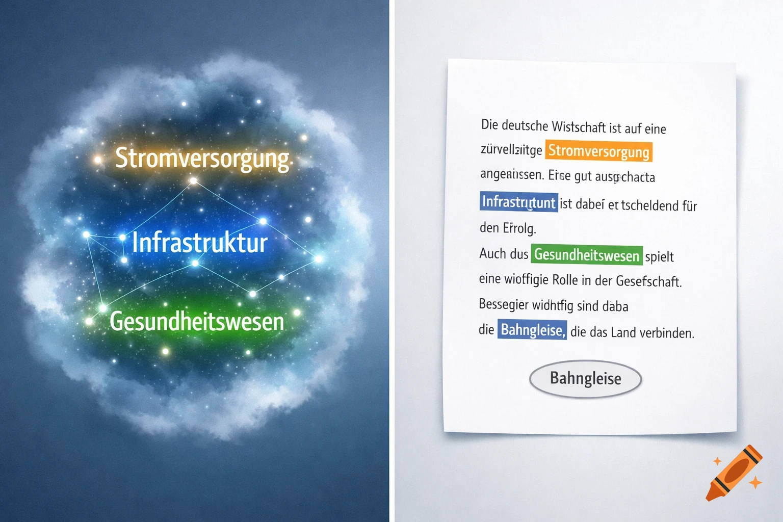 An infographic showing a glowing cloud with words like 'Stromversorgung' and 'Infrastruktur' on one side, and a document with highlighted German text and a framed word 'Bahngleise' on the other.
