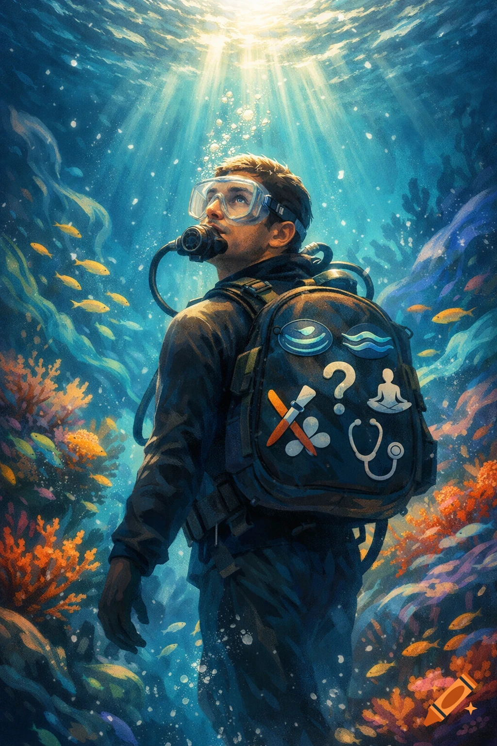 Illustrated scuba diver underwater, looking up at sunlit surface, surrounded by fish and coral. Backpack has symbolic patches.