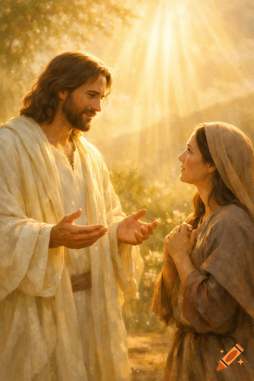 A radiant, painterly depiction of Jesus gesturing with open hands towards a woman gazing up at him, bathed in warm, ethereal light.