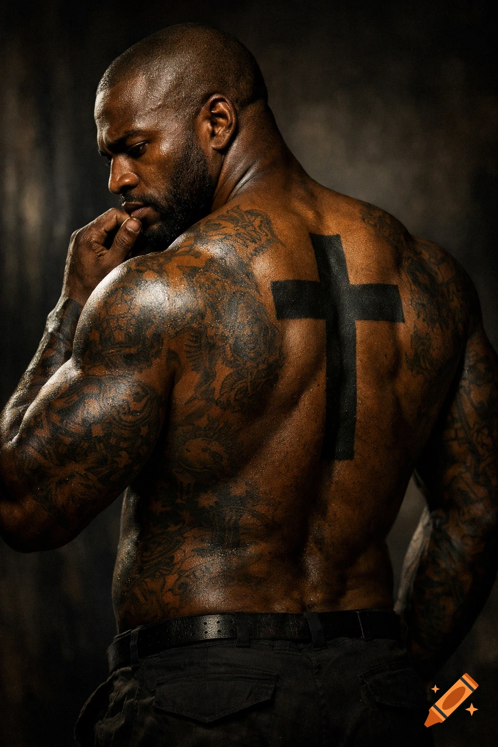 Muscular man with dark skin and a beard, covered in arm tattoos and a large black cross on his back, looking down thoughtfully.