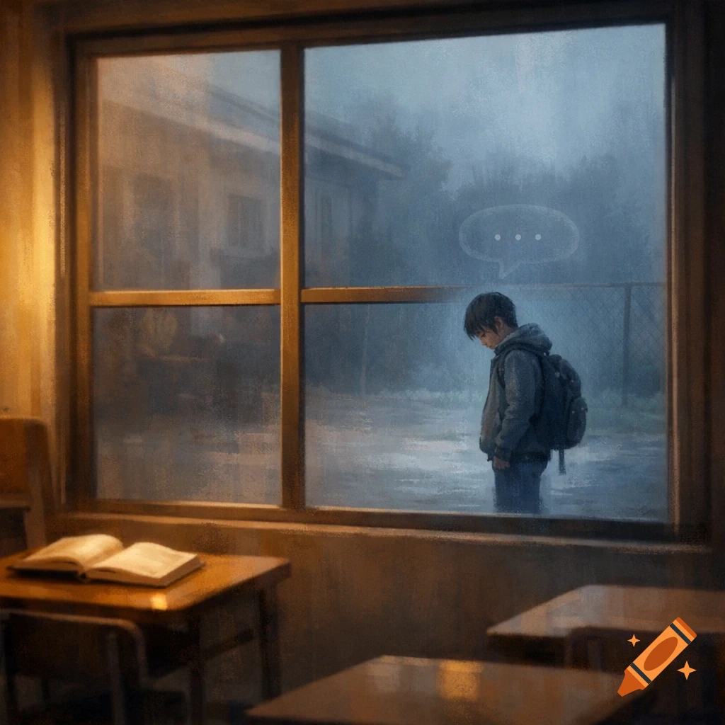 View from inside a classroom through a rainy window at a lonely child with a backpack standing outside. A speech bubble with dots floats above their head.