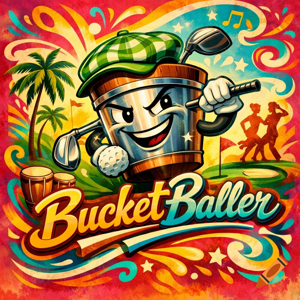 Vibrant Mambo-style cartoon illustration of a smiling bucket golfer with 'BucketBaller' text, on a tropical golf course.