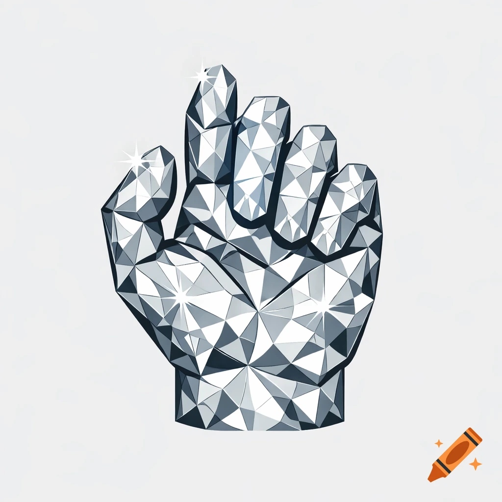 A stylized, abstract hand composed of shimmering geometric diamond facets on a white background.