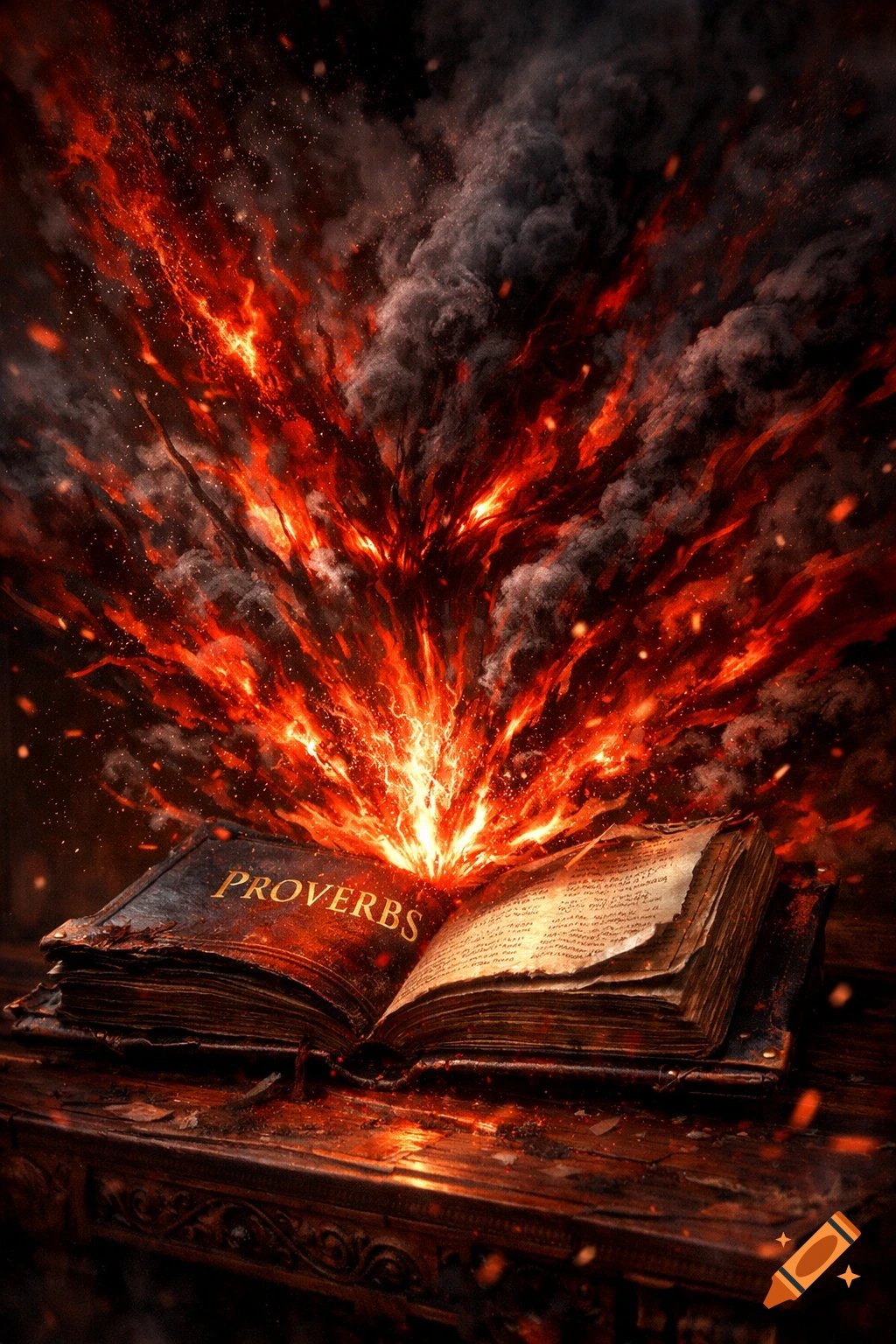 An old, open book titled 'PROVERBS' on a wooden table, with fiery red and black smoke erupting from its pages.