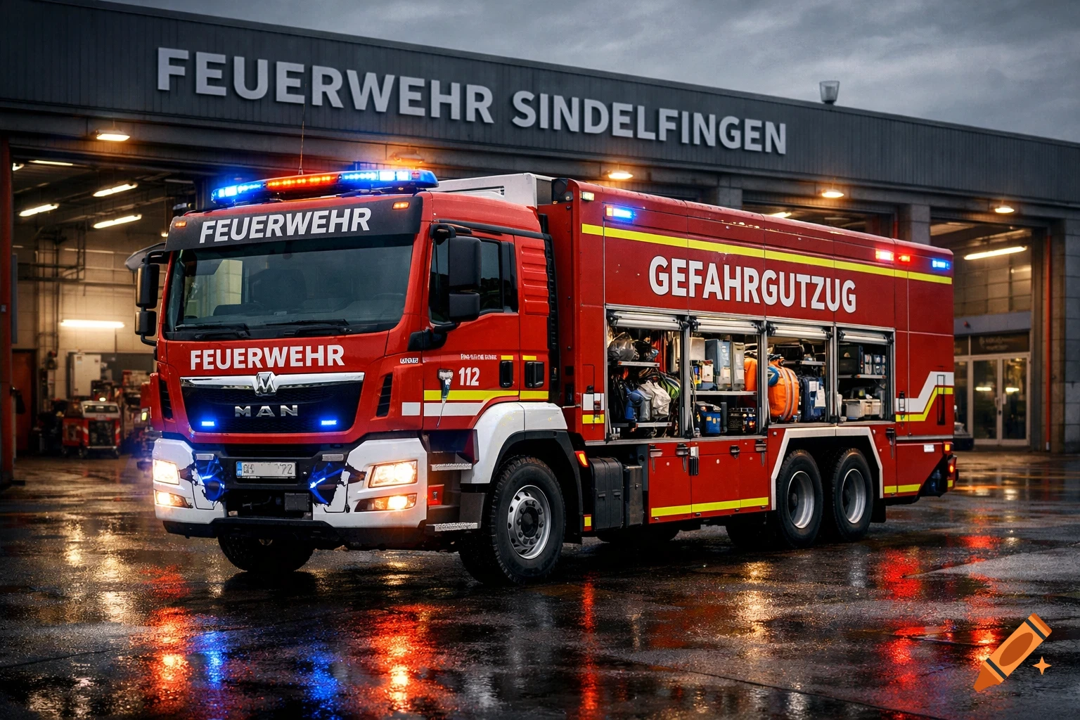 A red fire truck with flashing blue lights parked on a wet asphalt in front of a fire station, reflecting the lights.