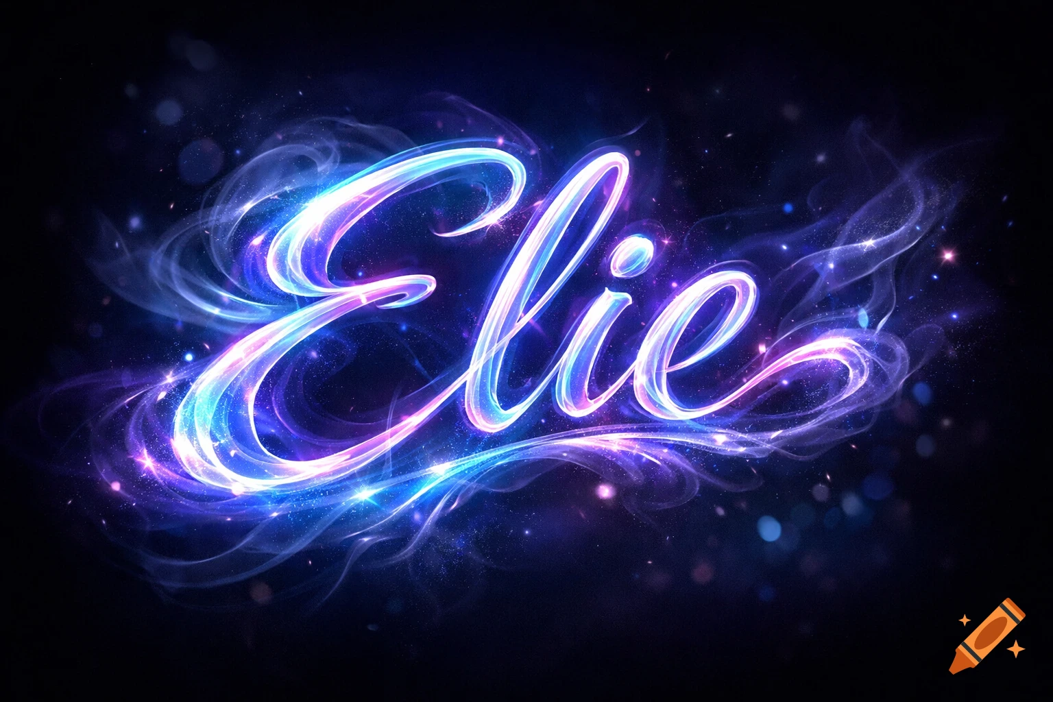 Glowing neon script spelling 'Elie' in vibrant blues and purples, surrounded by smoky cosmic effects and sparkling stars on a dark background.
