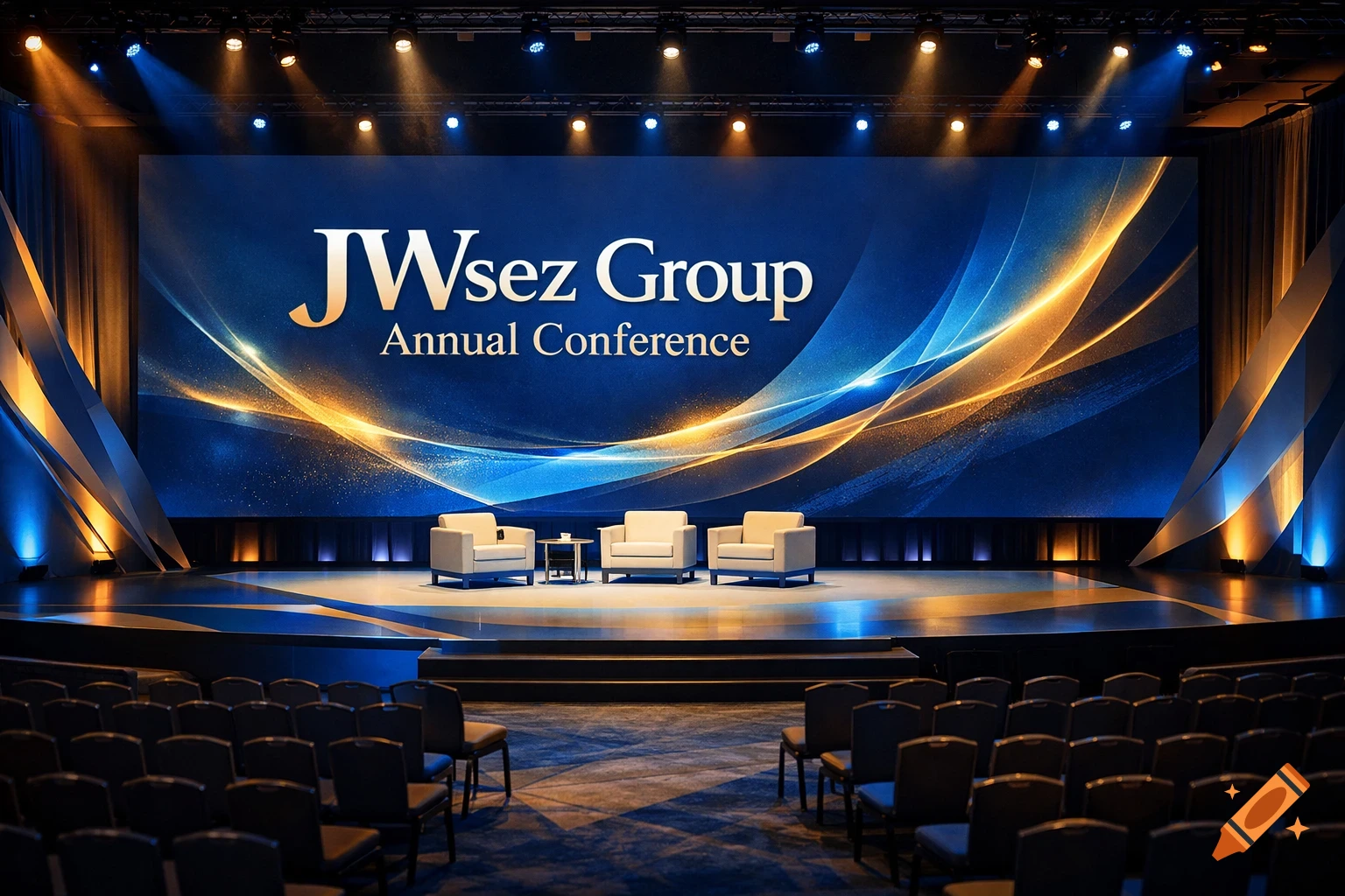 Modern corporate conference stage with a large screen displaying 'JWsez Group Annual Conference,' elegant blue and gold lighting, and audience seating.